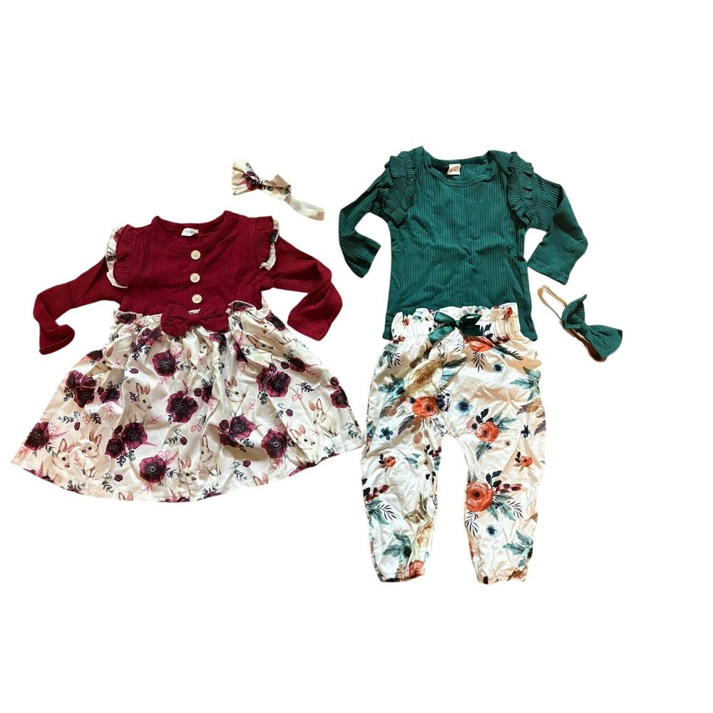 Lot of (2) Brand New Baby Girls 18-24 mos Sets Dress and‎ Romper Bunny Flowers